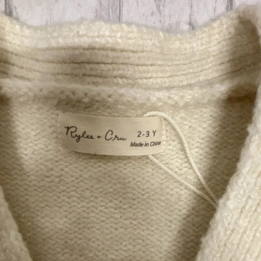 Rylee + Cru Girls Ivory Knit Cardigan Embroidered Floral Button V-Neck 2-3Y